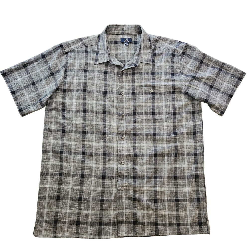 George‎ Mens Large Short Sleeve Button Up Shirt Grey Black Plaid Camp Collar L